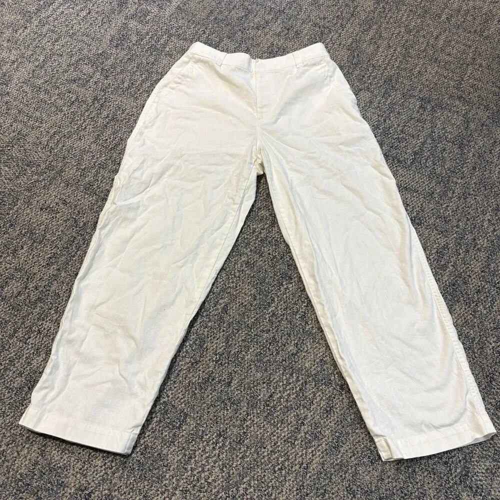 Uniqlo Women’s Linen Cotton White Tapered Pants Sz M 28-29 Zip Fly Elastic back